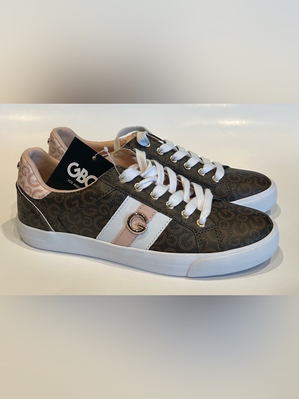 Women’s Guess Brown Monogram Low-Top Sneakers with White and Pink Accents